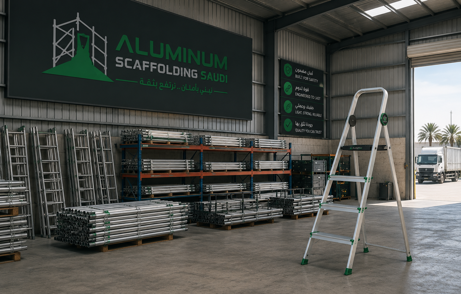 Modern aluminium scaffolding warehouse displaying a premium aluminium step ladder alongside neatly organized scaffolding tubes, aluminium ladders, and access equipment, showcasing industrial storage, ready stock, and professional access solutions.