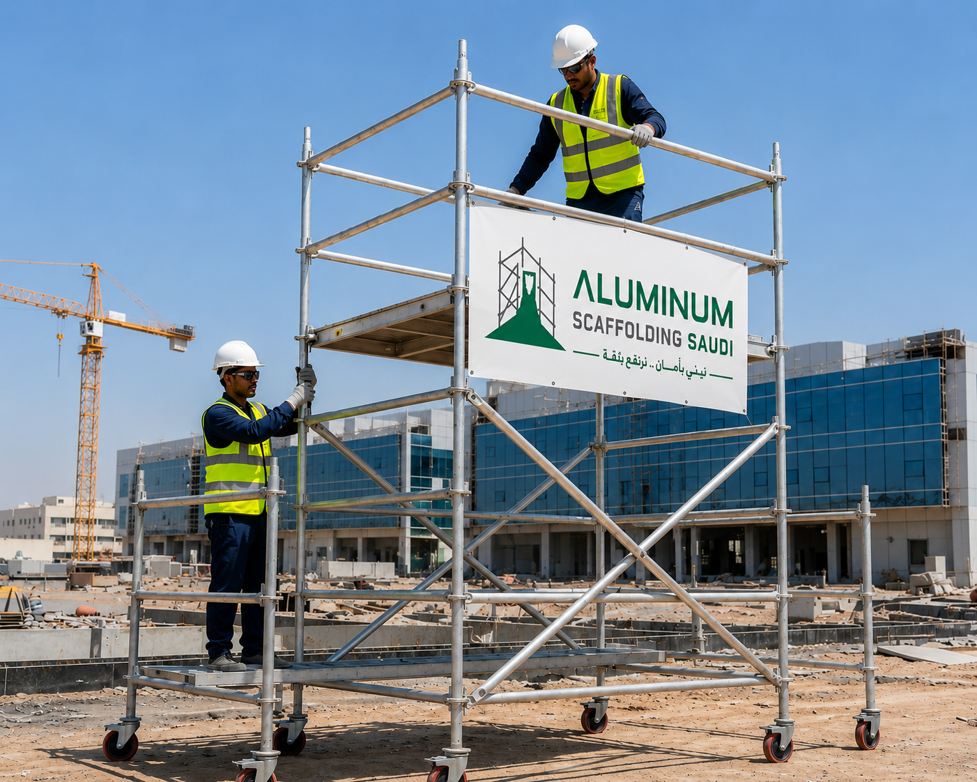 Workers assembling an aluminium mobile scaffolding tower at a commercial construction site, featuring a lightweight aluminium scaffold system with guardrails, platform deck, caster wheels, and safety components for safe access and maintenance applications.