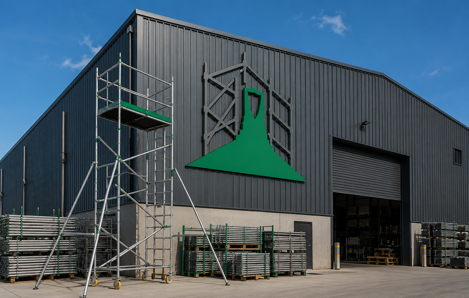 Exterior view of a modern scaffolding warehouse featuring a mobile aluminium scaffolding tower, organized scaffolding materials, and a large company logo mounted on the building facade, representing professional scaffolding supply and industrial access solutions.