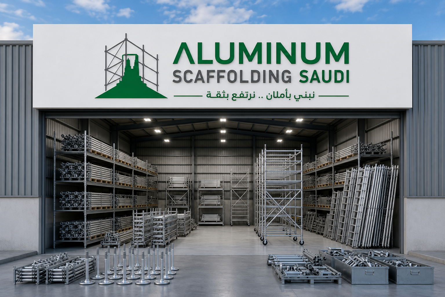 Scaffolding warehouse displaying aluminium scaffolding systems, mobile scaffold towers, scaffold frames, Ringlock components, adjustable base jacks, steel tubes, access ladders, and scaffolding accessories organized for construction, industrial, maintenance, and infrastructure projects.