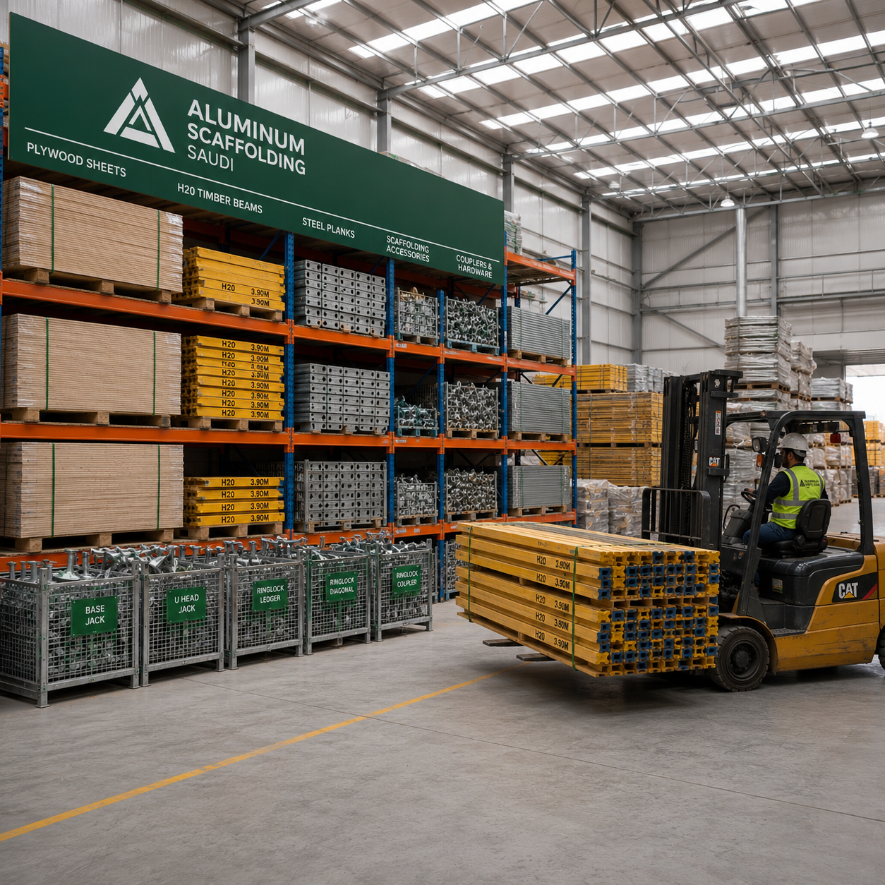 Industrial warehouse storing aluminium scaffolding materials, H20 timber beams, plywood sheets, steel planks, Ringlock components, base jacks, U-head jacks, couplers, and scaffolding accessories, with a forklift transporting construction materials for efficient warehouse operations.