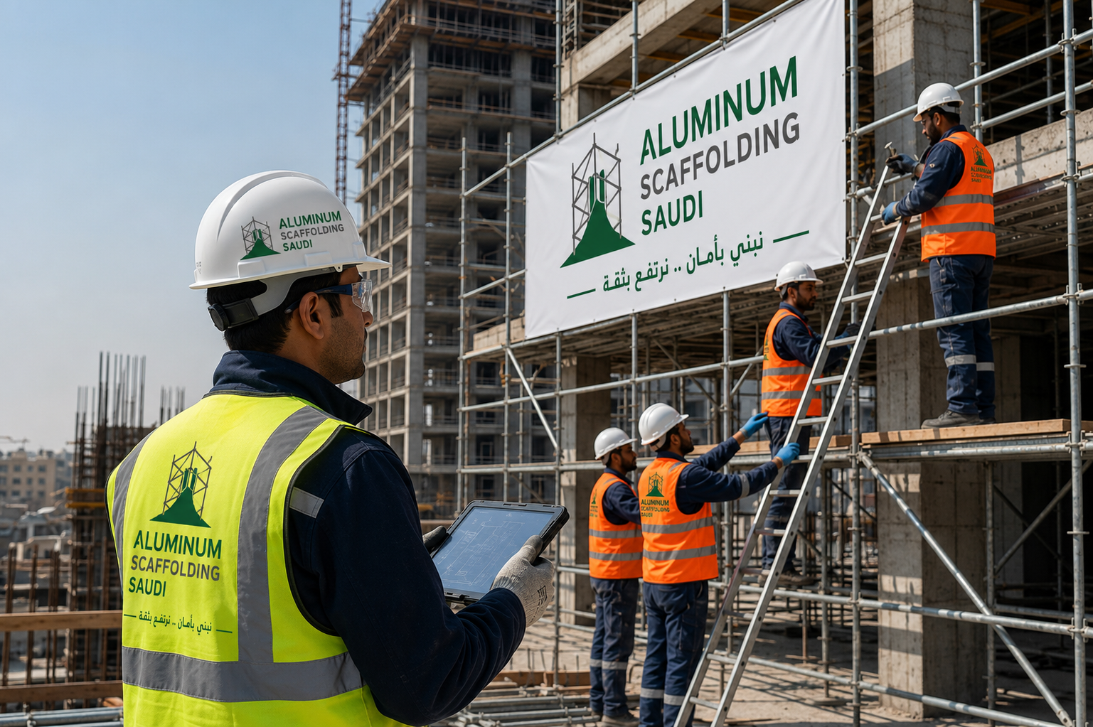 Construction workers installing an aluminium scaffolding system at a commercial building project, featuring modular access scaffolding, aluminium access ladder, working platforms, guardrails, and a site engineer conducting inspection using a digital tablet for safe work-at-height operations.