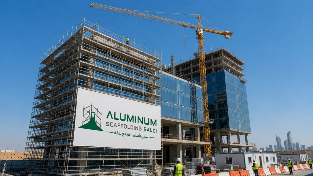 High-rise commercial building under construction featuring a complete aluminium scaffolding system installed around the building façade, with modular access scaffolding, working platforms, guardrails, tower crane, and construction workers performing exterior building work.
