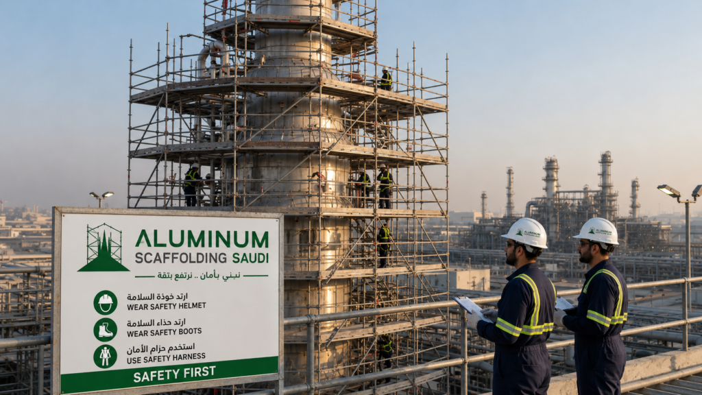 Industrial refinery maintenance project featuring modular aluminium scaffolding installed around a process vessel, with engineers conducting safety inspections, workers performing elevated maintenance, and secure access platforms for oil & gas plant shutdown and turnaround operations.
