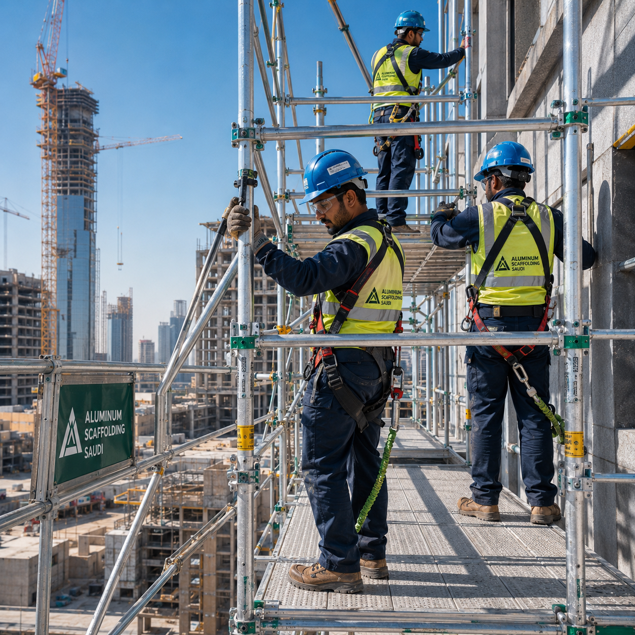 Construction workers wearing full PPE and safety harnesses assembling and inspecting aluminium scaffolding on a high-rise building façade, featuring modular working platforms, guardrails, scaffold frames, and secure work-at-height access for commercial construction projects.