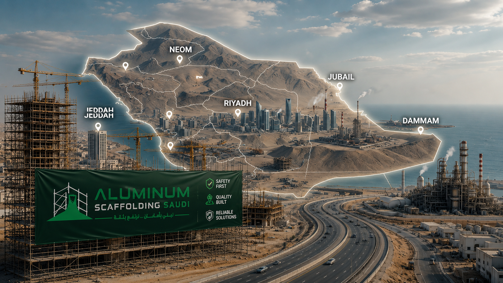 Saudi Arabia service coverage map highlighting scaffolding solutions for Riyadh, Jeddah, NEOM, Jubail, and Dammam with construction, industrial, and infrastructure projects by Aluminum Scaffolding Saudi.