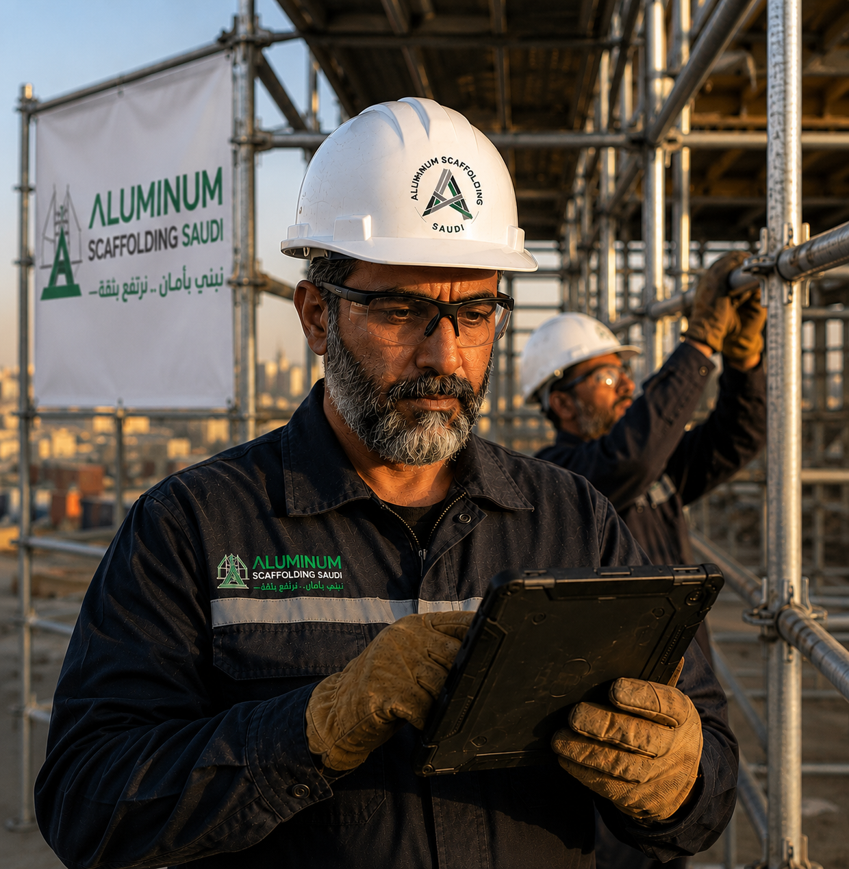 Construction engineer inspecting an aluminium scaffolding system using a digital tablet while workers assemble modular scaffolding at an industrial construction site, showcasing professional scaffold installation, safety management, and access solutions in Saudi Arabia.