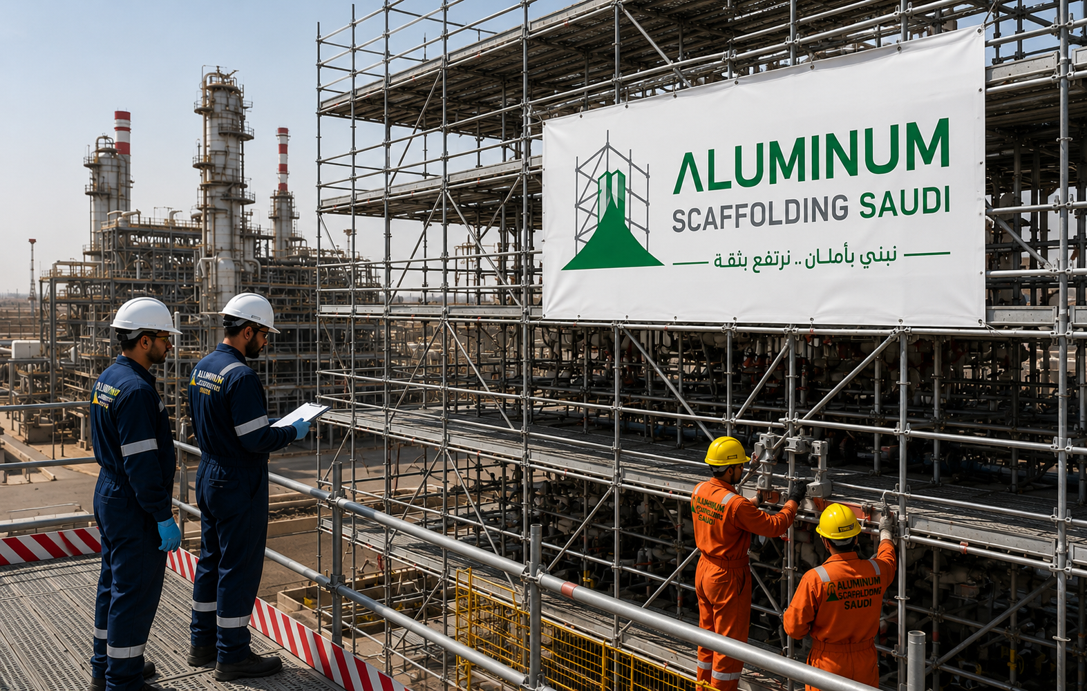 Industrial aluminium scaffolding system installed at an oil and gas facility, featuring modular access scaffolding, steel platforms, guardrails, and professional workers performing inspection and maintenance on refinery equipment in Saudi Arabia.