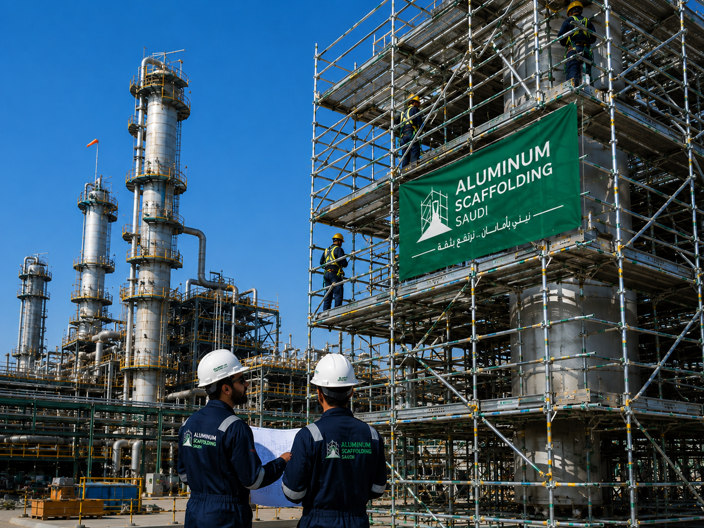 Industrial refinery maintenance project featuring a multi-level aluminium scaffolding system surrounding refinery process equipment, with certified engineers supervising maintenance work, technicians working safely on elevated platforms, guardrails, scaffold decks, and modular access systems in a petrochemical facility.