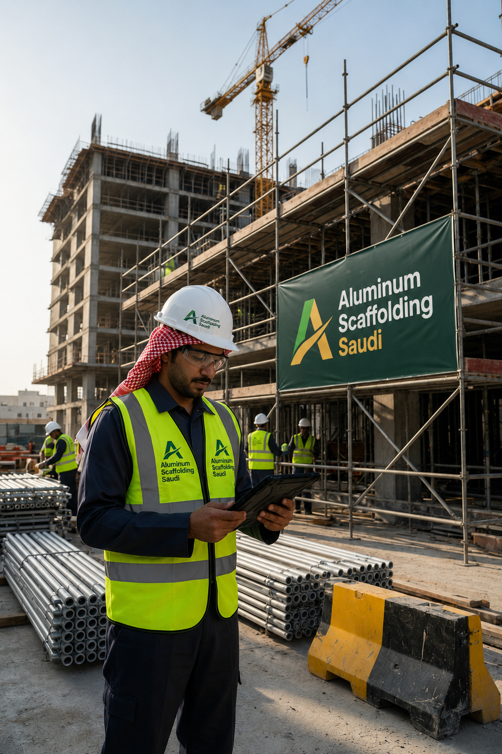 Construction site engineer inspecting an aluminium scaffolding installation using a digital tablet, with aluminium scaffolding systems, scaffold tubes, modular access platforms, and workers assembling scaffolding for a commercial building project in Saudi Arabia.