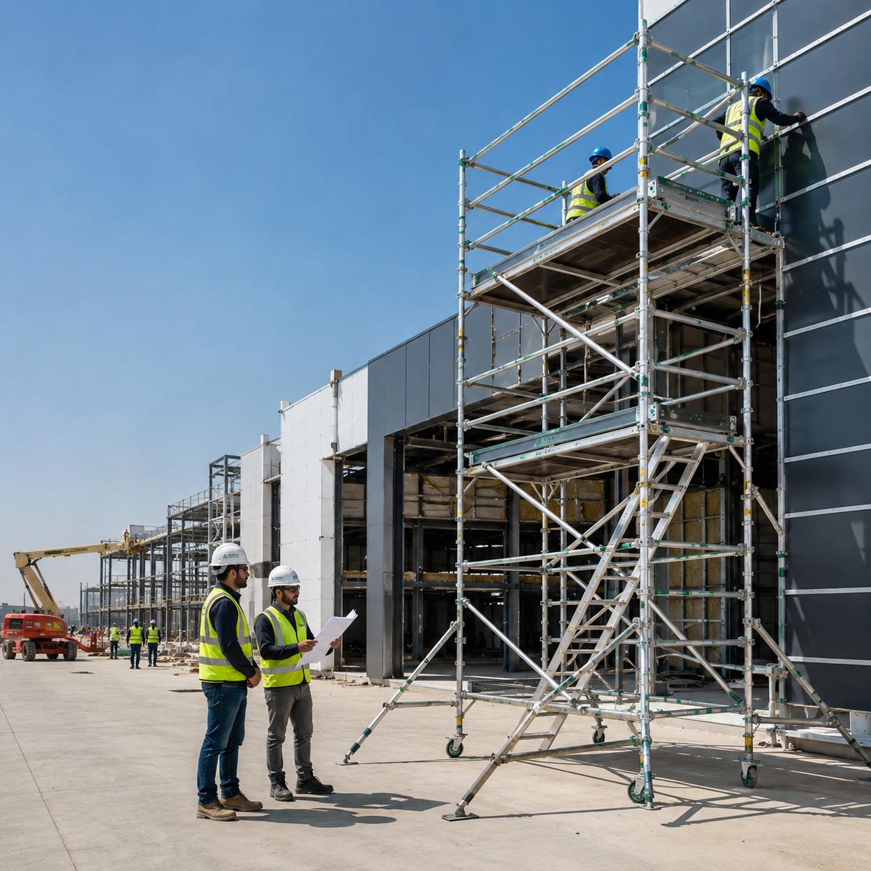 Aluminium mobile scaffolding tower installed beside a commercial building façade, featuring integrated access ladder, working platforms, guardrails, stabilizers, caster wheels, and construction workers performing exterior installation under engineer supervision.