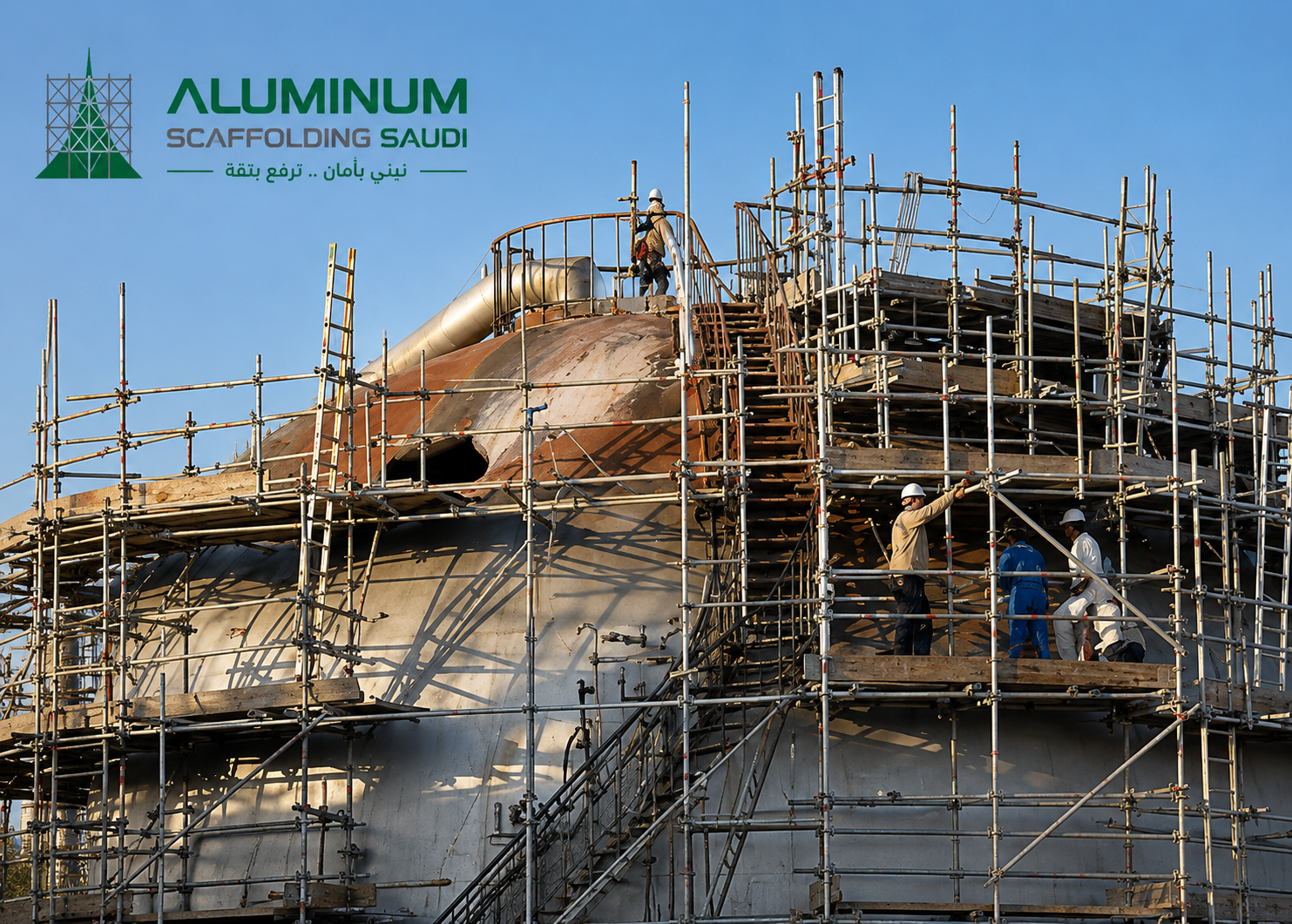 Industrial storage tank surrounded by heavy-duty maintenance scaffolding with stair access platforms and technicians performing inspection and maintenance work at an oil and gas facility in Saudi Arabia by Aluminum Scaffolding Saudi.