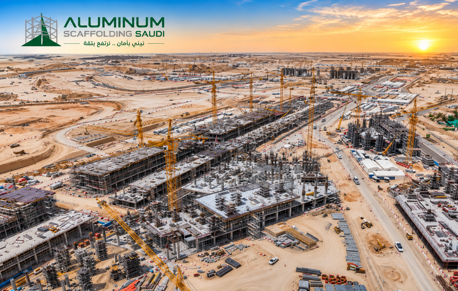 Aerial view of a mega construction project in Saudi Arabia featuring multiple cranes, large-scale commercial buildings under development, extensive scaffolding systems, and infrastructure work supported by Aluminum Scaffolding Saudi.