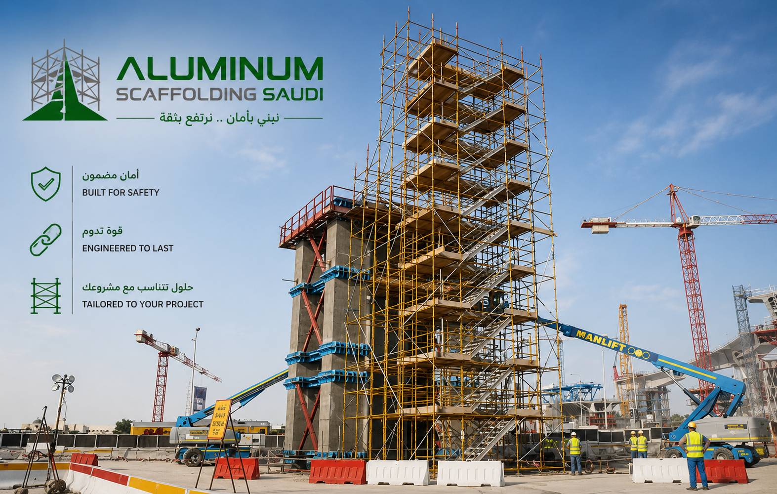 Heavy duty industrial access scaffolding tower with integrated stair system installed around a reinforced concrete core structure at a major construction project in Saudi Arabia by Aluminum Scaffolding Saudi.
