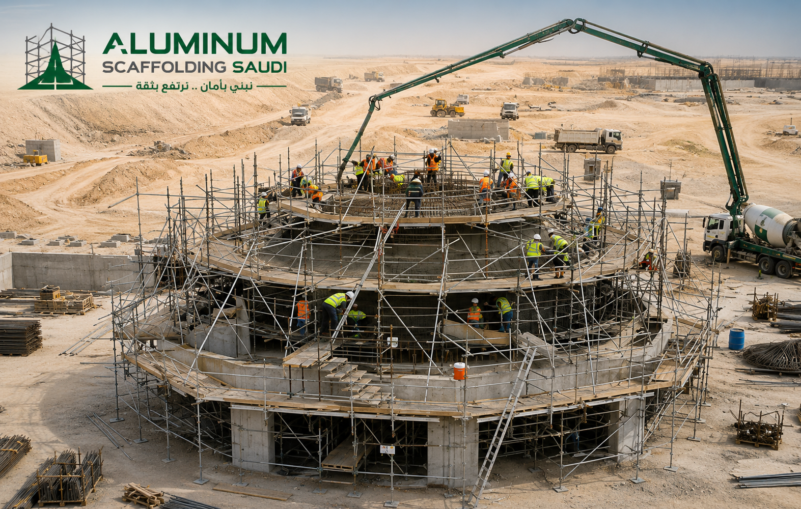 Circular industrial concrete structure under construction in Saudi Arabia surrounded by engineered scaffolding, with workers performing reinforced concrete works and a concrete pump supporting a large-scale infrastructure project by Aluminum Scaffolding Saudi.