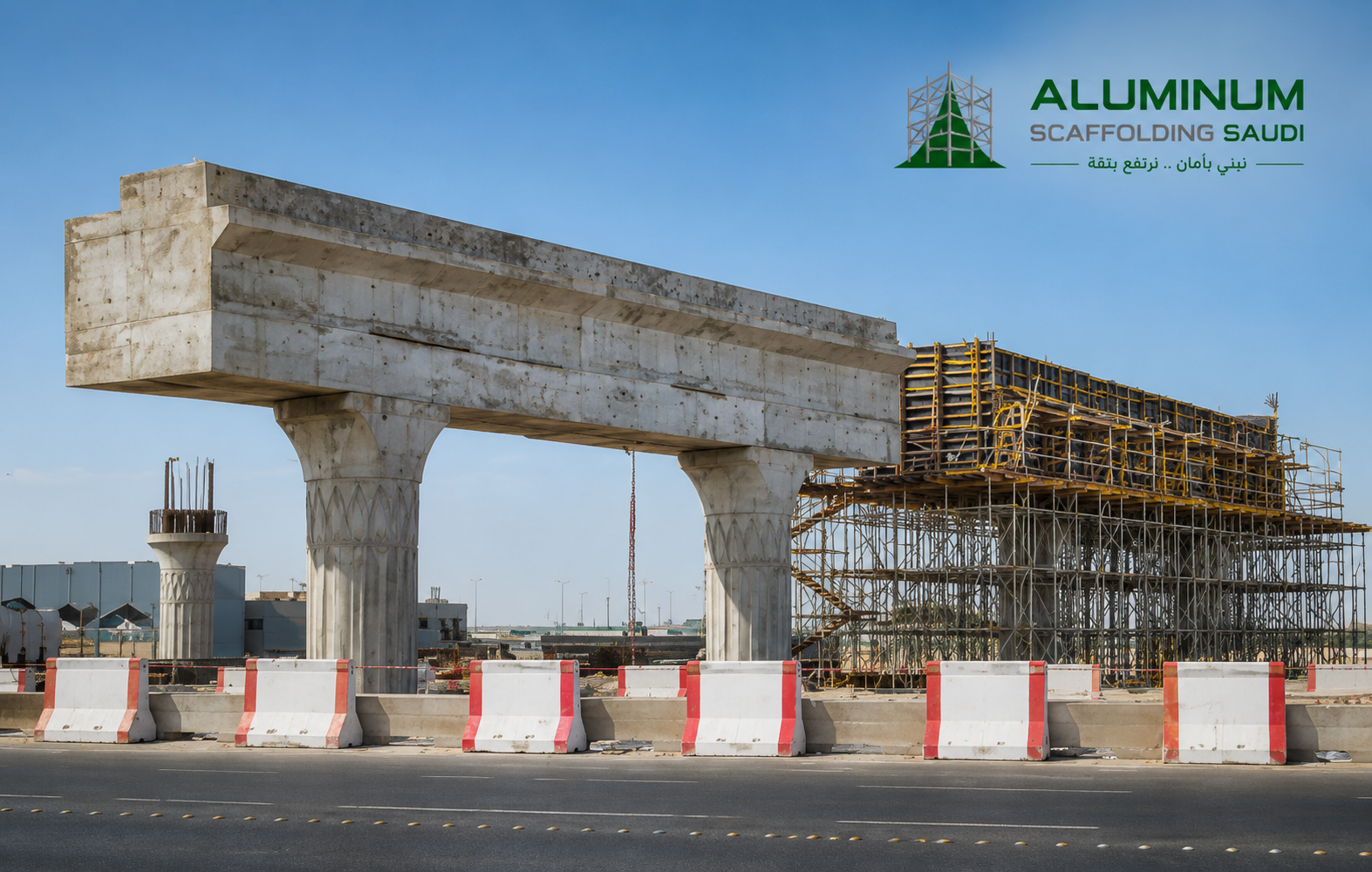 Bridge and metro viaduct construction supported by heavy-duty scaffolding and engineered formwork systems for elevated infrastructure projects in Saudi Arabia by Aluminum Scaffolding Saudi.