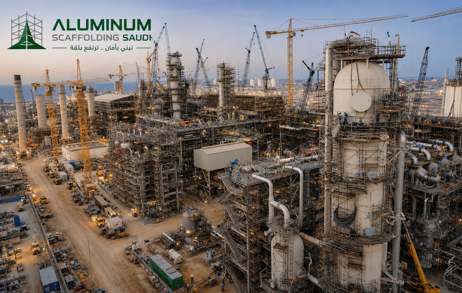 Large oil and gas refinery construction site with industrial scaffolding, process towers, storage vessels, and heavy lifting cranes supported by Aluminum Scaffolding Saudi in Saudi Arabia.