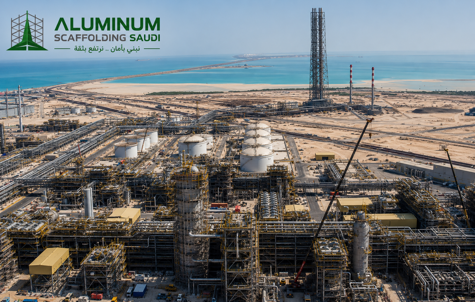 Large coastal oil and gas refinery with industrial processing units, storage tanks, offshore infrastructure, and engineered scaffolding systems supporting petrochemical construction in Saudi Arabia by Aluminum Scaffolding Saudi.