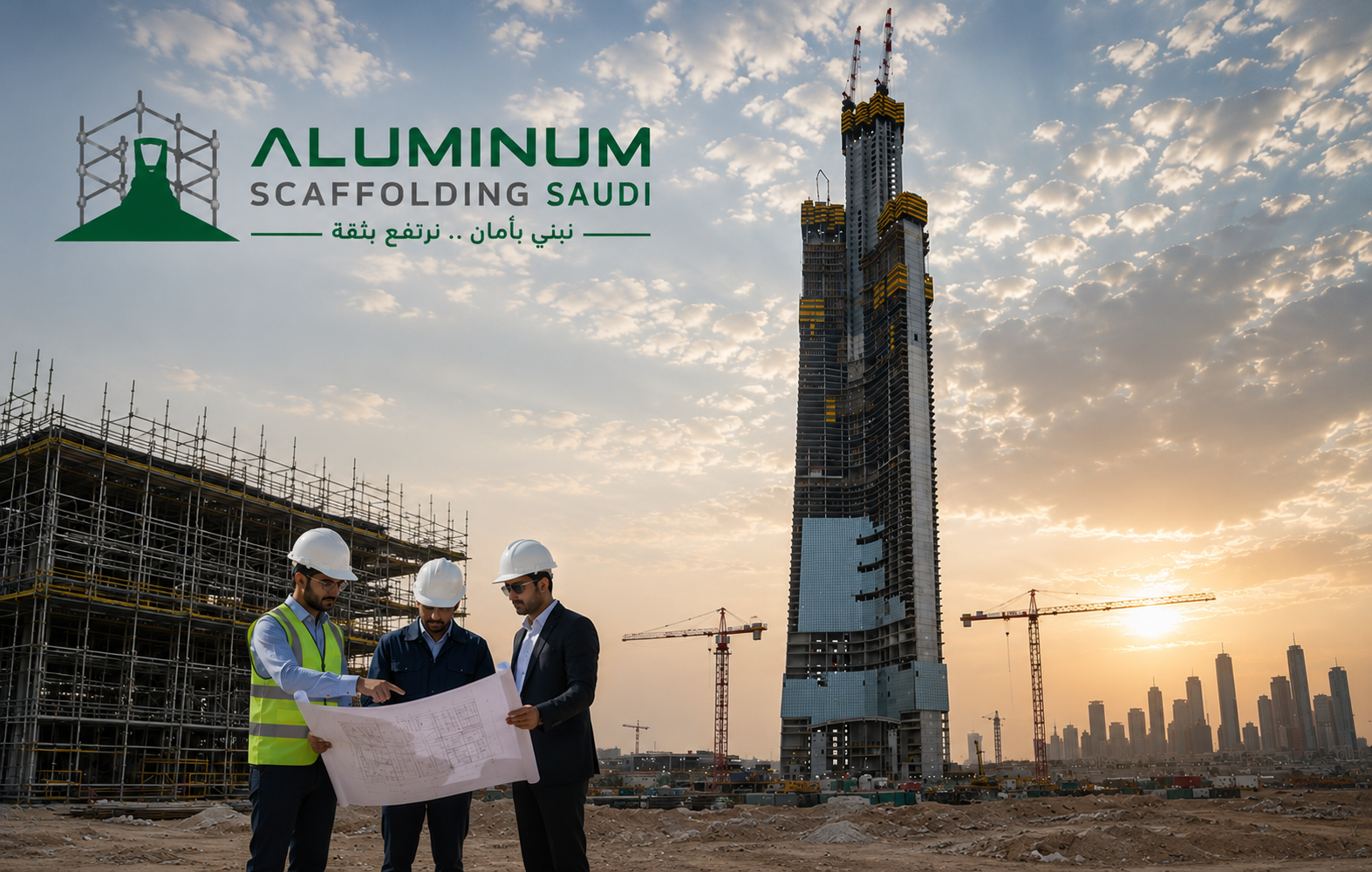 Construction professionals reviewing engineering plans at a major high-rise development in Saudi Arabia, featuring Aluminum Scaffolding Saudi branding alongside a modern skyscraper and large-scale scaffolding systems supporting commercial construction.